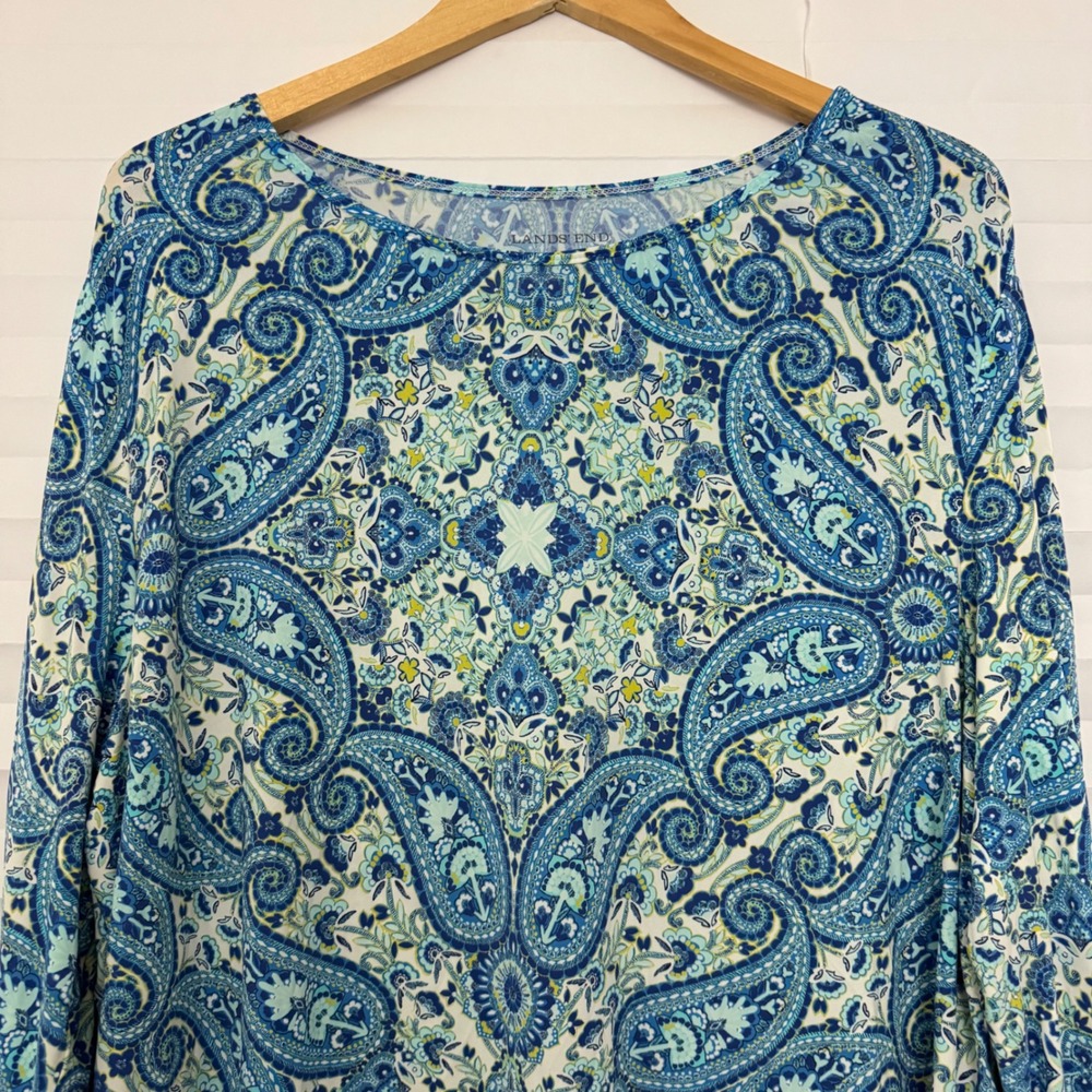 Lands End Womens 1X Blue Paisley Long Sleeve Crew Neck Stretch Top 16W-18W - Picture 3 of 8